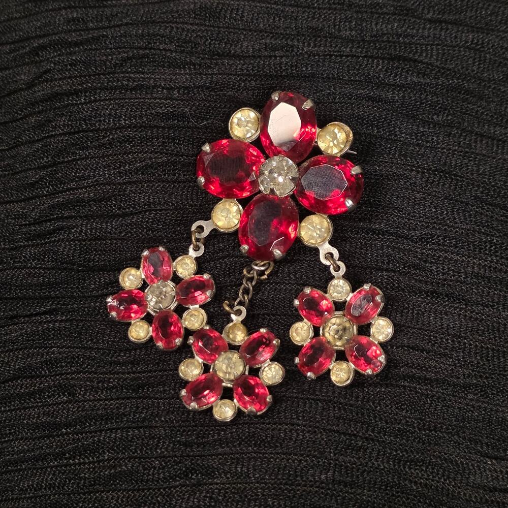 Vintage Red Rhinestone Dangle Brooch Floral Chandelier Statement Pin